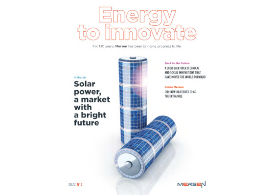 batteries with solar panel on the cover of Mersen magazine